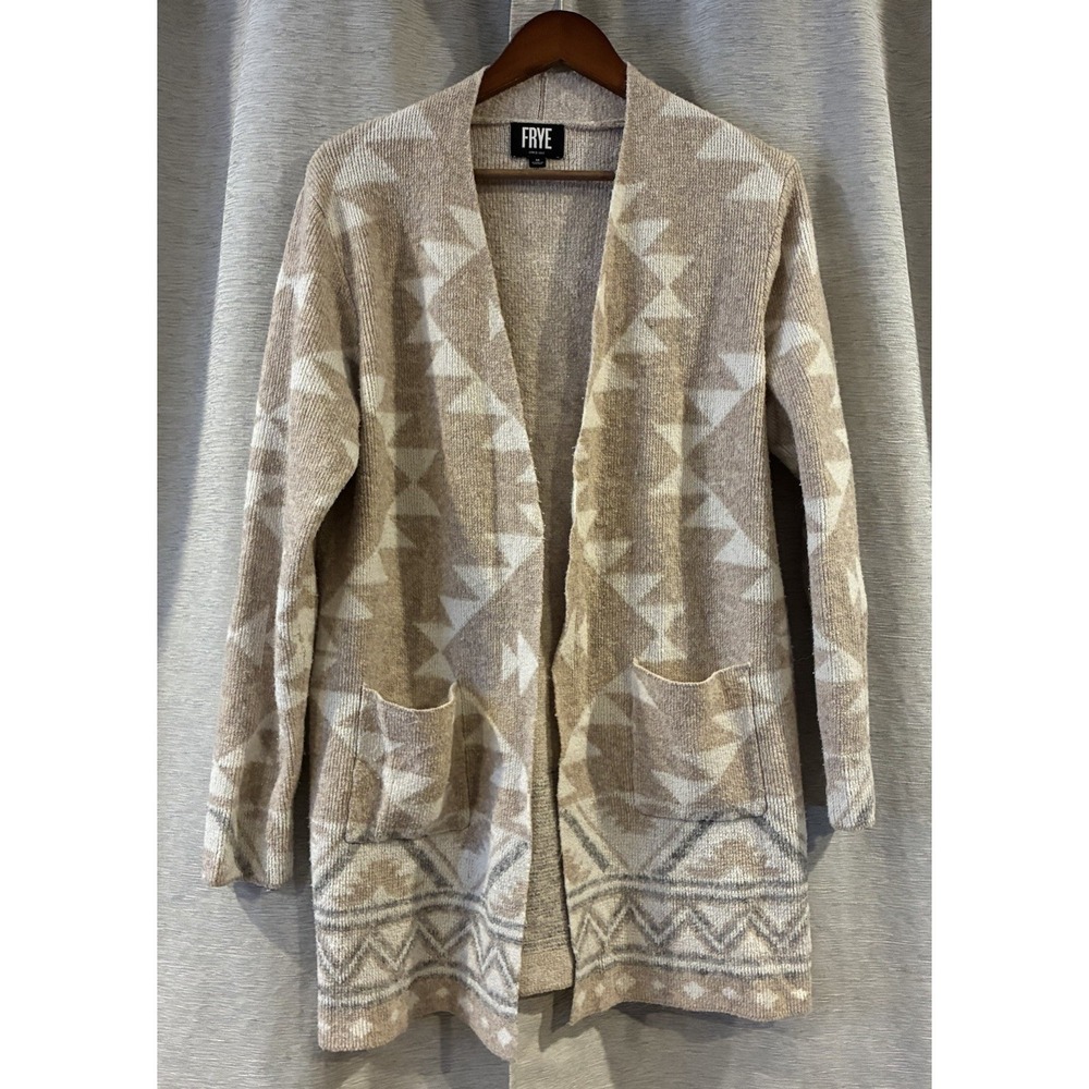 Frye Women's Tan Geometric Southwestern Open Front Cardigan Size Medium